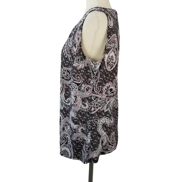 Roz & Ali Black Wine Pink Paisley Sleeveless Pleated Neck Blouse Nice Size Med - Picture 2 of 4